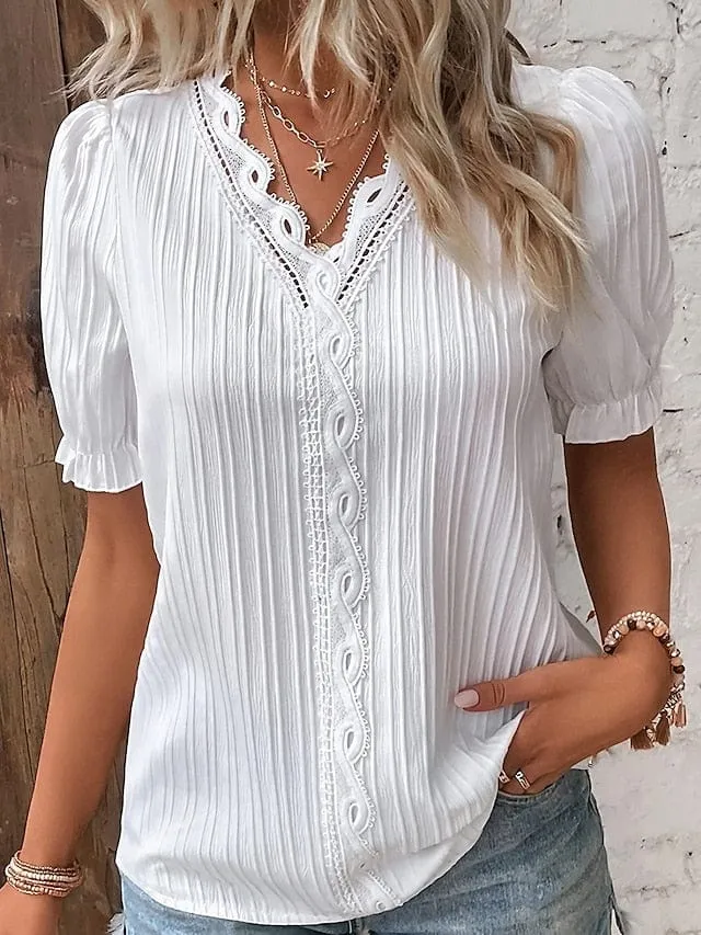 Vintage Lace Shirt Blouse for Women with Short Sleeves and V-Neck