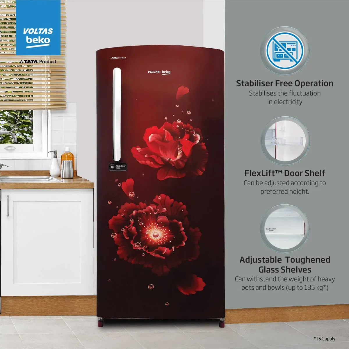 Voltas Beko 185 L, 5 Star, Single Door DC Refrigerator (Fairy Flower Wine)