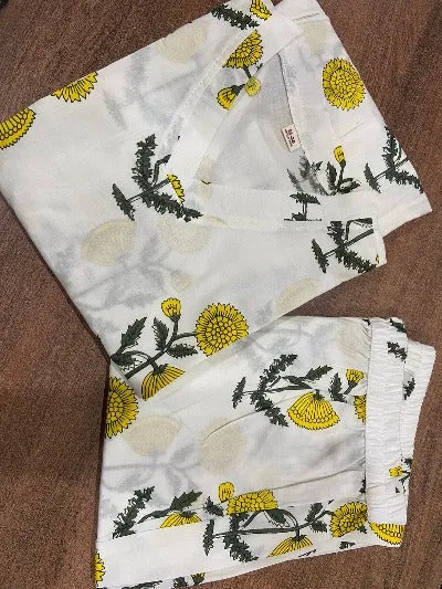 White Handblock Printed Cotton Kurti Pant Set