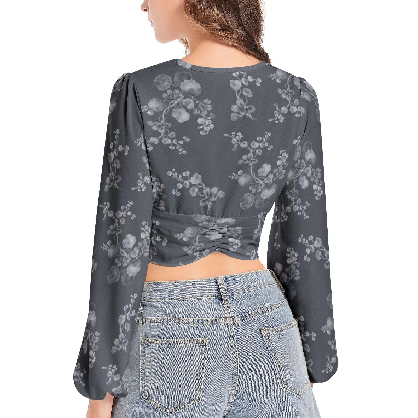 Women's Deep V-Neck Lantern Sleeve Crop Top