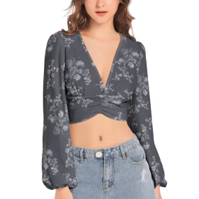 Women's Deep V-Neck Lantern Sleeve Crop Top