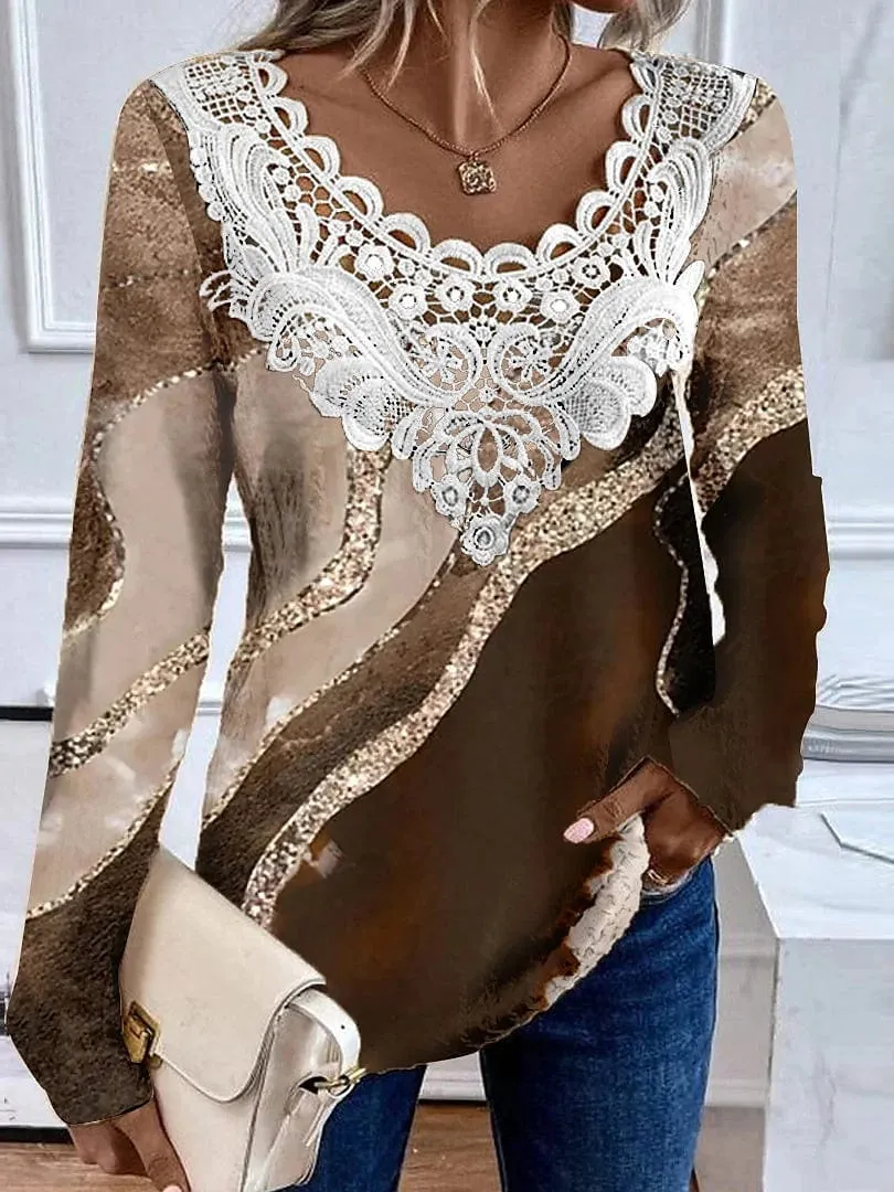 Women's Floral Print Lace Patchwork Long Sleeve Blouse