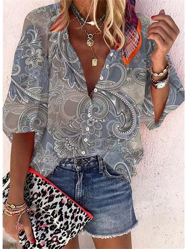 Women's Pink Red Blue Print Shirt Blouse