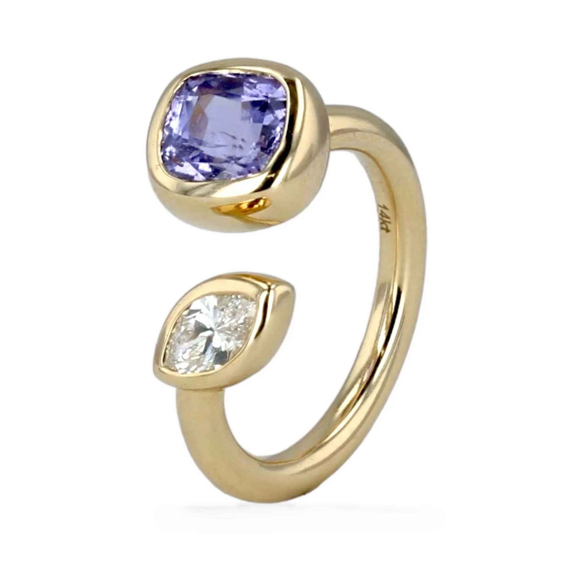 Yellow 14k gold open diamond purple rare sapphire lady ring