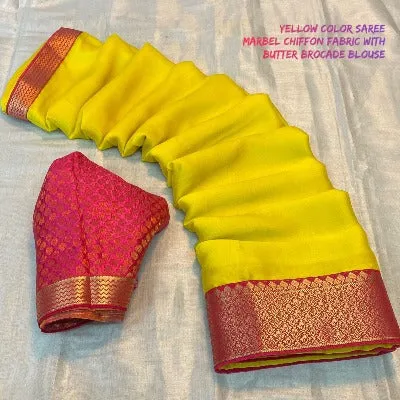 Yellow Pure Marbel Chiffon Saree With Brocade Blouse